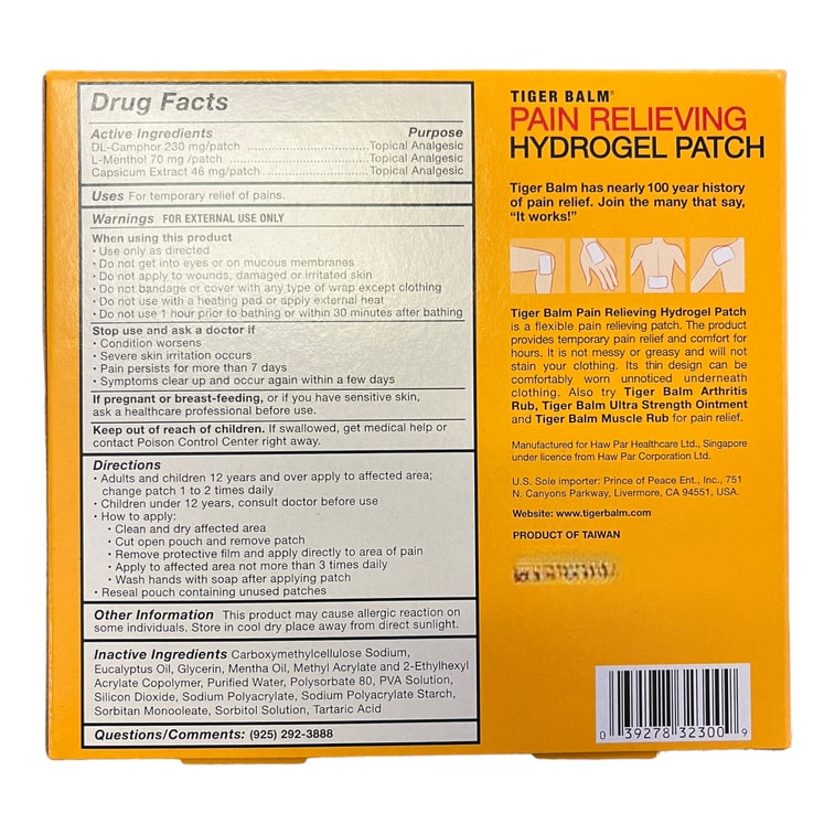 Tiger Balm Pain Relieving Large Patch 4 Patches 8 X 4 in
