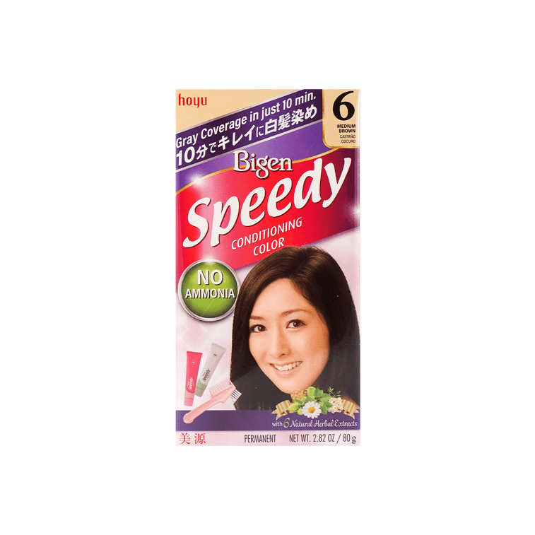 Japan Hoyu Bigen Speedy Conditoning Hair Color # 6 Medium Brown No Ammonia 40g+40g Hair Dye with Brush